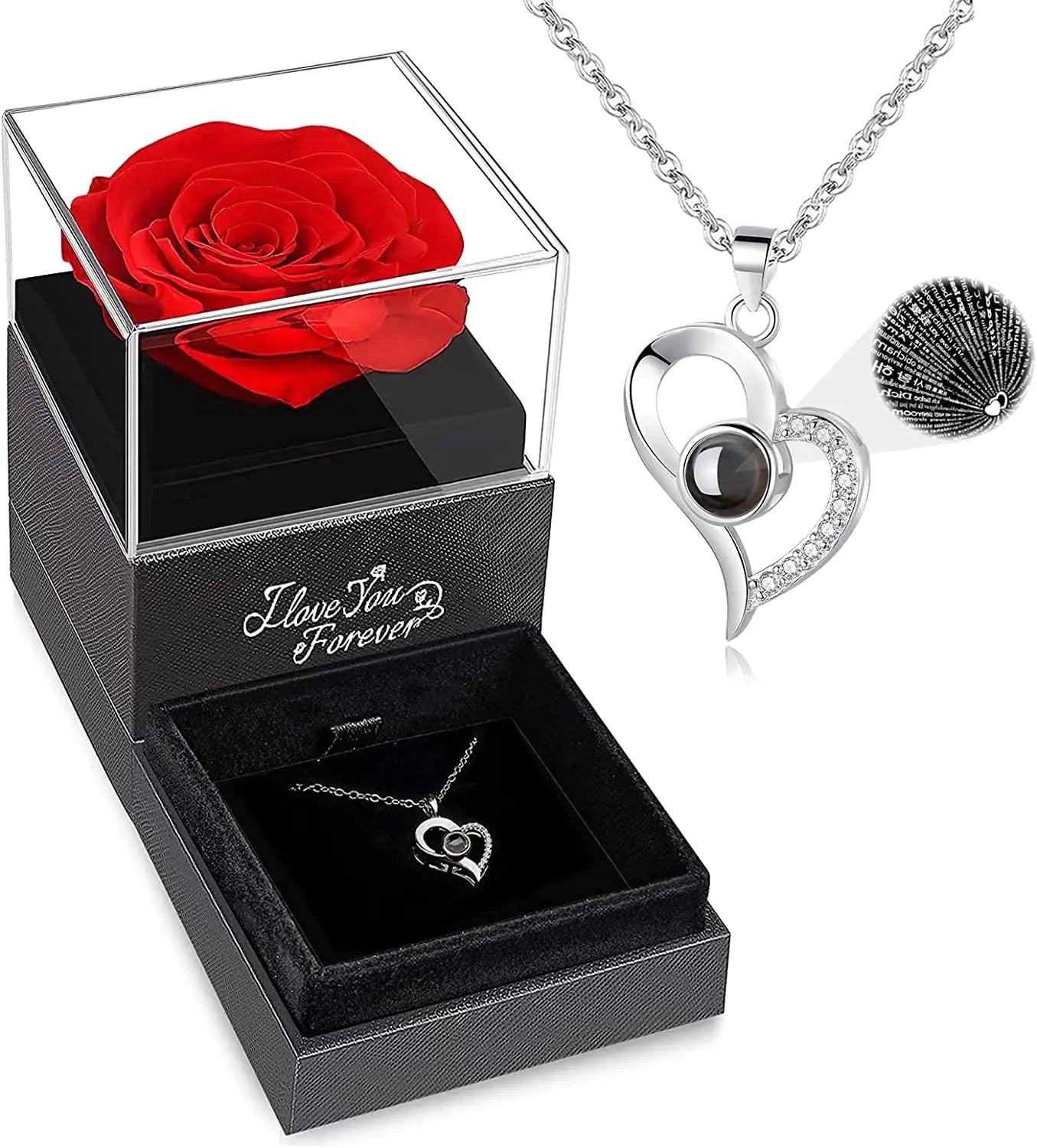 Exquisite Preserved Real Rose with I Love You Necklace