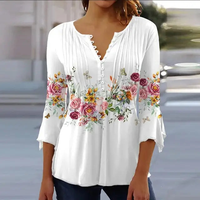 2024 Trendy 3D Printed Shirts for Women Spring Summer 3/4 Sleeve V Neck Buttons Blouse Shirt Elegant Ladies Long Sleeve Tops