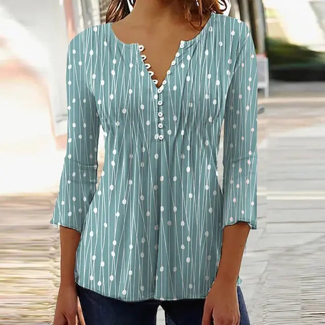 2024 Trendy 3D Printed Shirts for Women Spring Summer 3/4 Sleeve V Neck Buttons Blouse Shirt Elegant Ladies Long Sleeve Tops