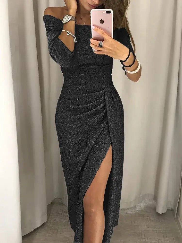 SUSOLA 2024 Women's Off Shoulder Long Sleeve Bodycon Evening Party Long Dress Asymmetrical Split Pencil Dresses S M L XL XXL