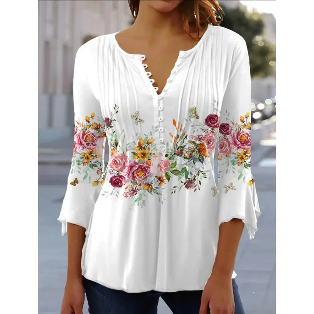 2024 Trendy 3D Printed Shirts for Women Spring Summer 3/4 Sleeve V Neck Buttons Blouse Shirt Elegant Ladies Long Sleeve Tops